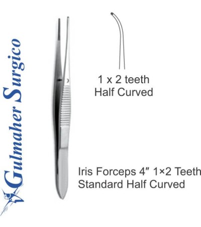 Iris Forceps 4″, 1×2 Teeth Standard Half Curved