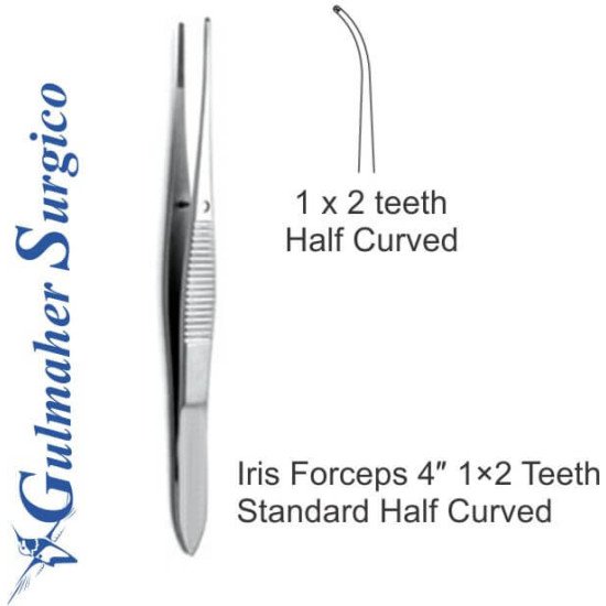 Iris Forceps 4″, 1×2 Teeth Standard Half Curved