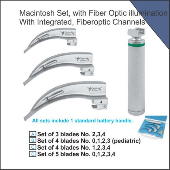 Macintosh Laryngoscope Set, with Fiber Optic illumination Integrated.