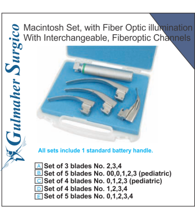 Macintosh Laryngoscope Set, Fiber Optic With Interchangeable.