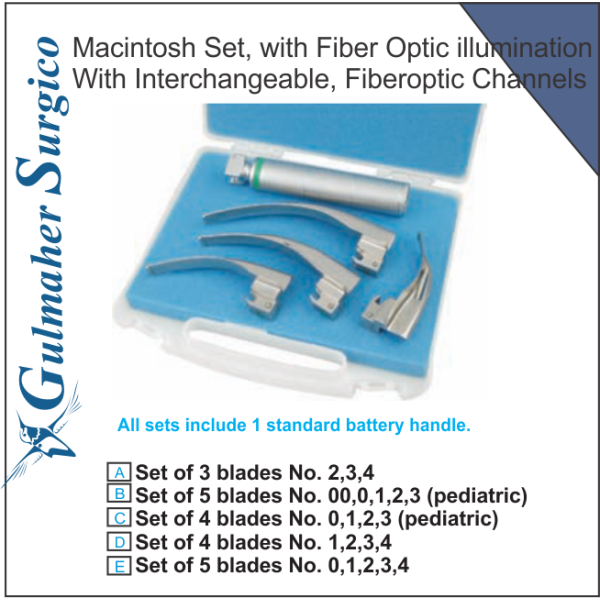 Macintosh Laryngoscope Set, Fiber Optic With Interchangeable