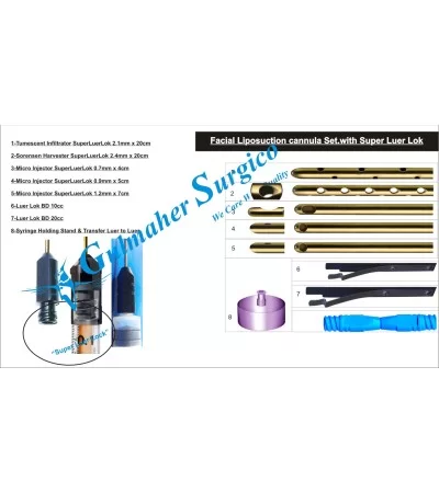 Facial Liposuction cannula set with Luer Lock. Facial Liposuction cannula set with Luer Lock.