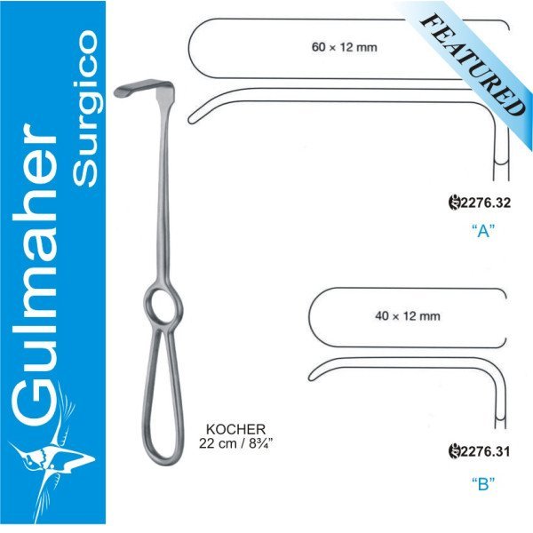 Kocher Retractor, 12mm Wide X 60mm Deep, 22cm Kocher Retractor, 12mm Wide X 60mm Deep, 22cm