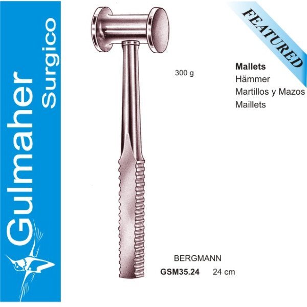 Bergmann Mallet, Bone Hammer, 24cm, Solid Head, 300 grams,