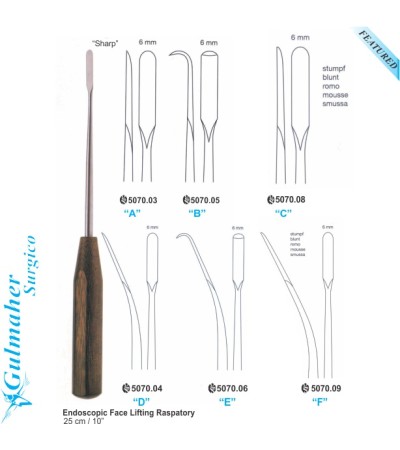 Endoscopic facelift rhytidectomy raspatory, 25cm, 6mm.