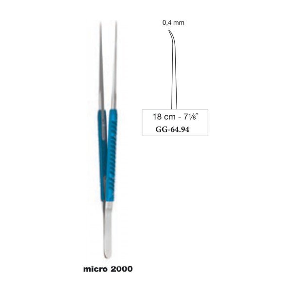 Micro Forceps Blue Anodized Handle Curved 0.4 mm Tip 18 cm - 7-1/8˝