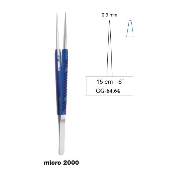 Micro Forceps Blue Anodized Handle Straight 0.3 mm Tip 15 cm - 6˝