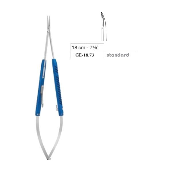 Micro Scissors, Serrated, Blue Anodized, Round Handle, Curved, 18 cm - 7-1/8˝