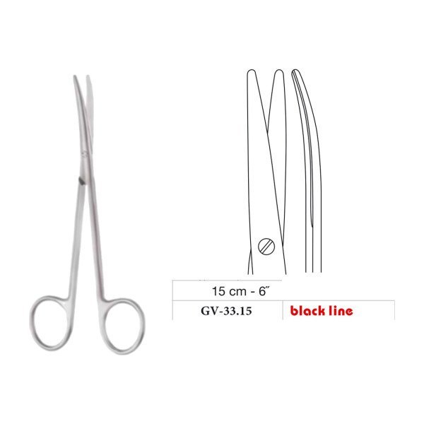 Metzenbaum Scissors, Curved, Black Line, 15 cm - 6˝