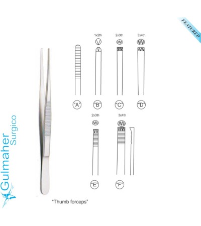 Thumb dressing and tissue forceps with serration and Teeth 1x2-2x3-3x4