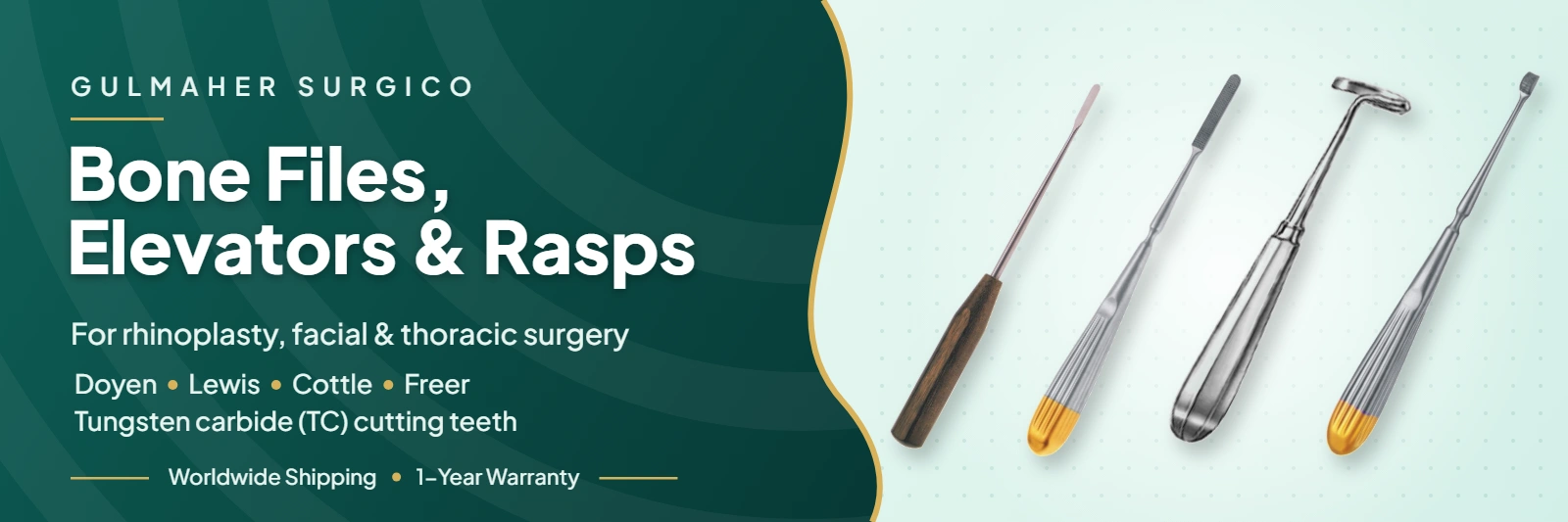 Bone files, elevators and rasps by Gulmaher Surgico: Doyen raspatory, Lewis and Cottle TC nasal rasps