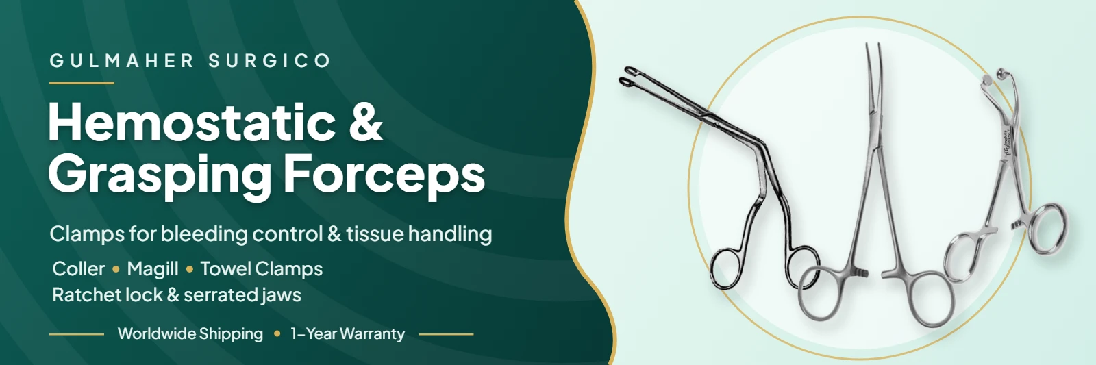 Hemostatic and grasping forceps by Gulmaher Surgico: Magill, Coller and towel clamp
